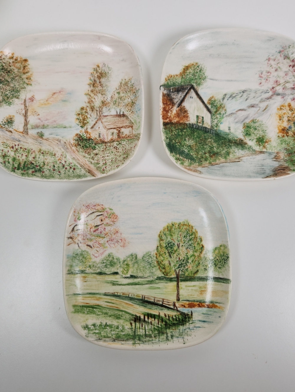 Vintage '66 Atlantic Mold Hand Painted Plates | Mid Century Cottage Landscape